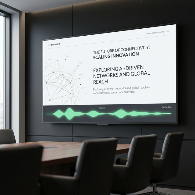 A clean slide deck on screen with a soft green audio waveform pulsing at the bottom — no presenter, no clicker, just the voice.